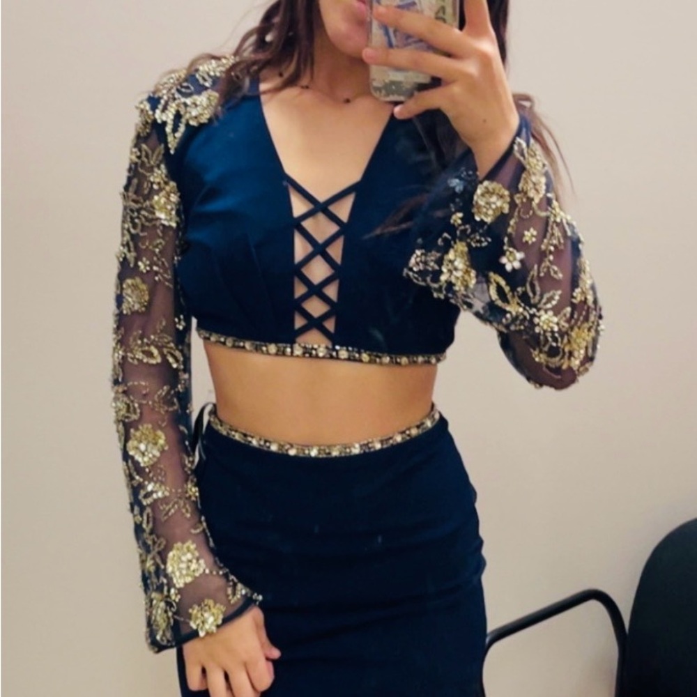 Navy and Gold Embellished Two-Piece Dress